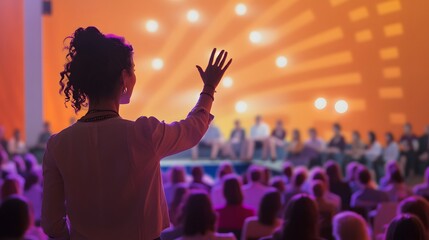 Woman raising her hand in a large audience during a conference or presentation