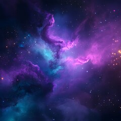 Obraz premium A background with a dark purple and blue gradient, a pink nebula in the upper right corner, the bottom left is an abstract figure of smoke