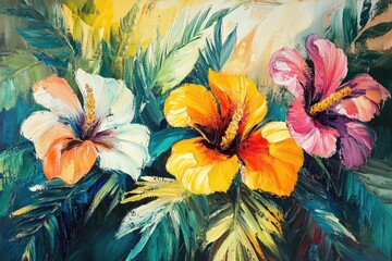 Vibrant oil painting of exquisite tropical flowers