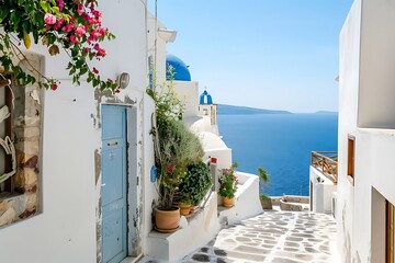 Fototapeta premium Santorini Serenity: A sun-drenched cobblestone street winds through white-washed houses, leading to the sparkling Aegean Sea, capturing the essence of Greek island life. 