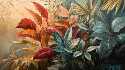 Fototapeta premium Oil painting showcasing a stunning arrangement of leaves against a backdrop of natural light