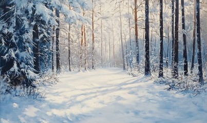 Naklejka premium Oil painting depicting a snowy forest showcasing a tranquil natural landscape and serene winter scenery