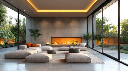 Minimalist living room with clean lines and simple decor, emphasizing a clutter-free environment with stylish design elements