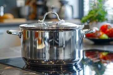 Elegant Stainless Steel Cooking Pot on a Modern Kitchen Stove