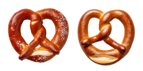 Delicious crispy pretzel in top view, once with salt and once without.