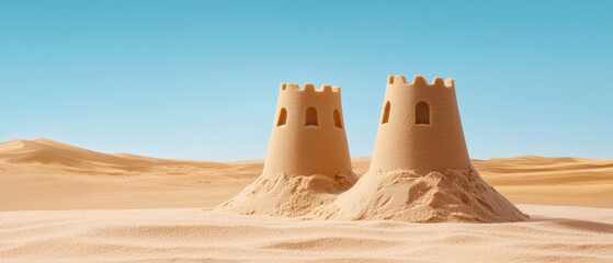 Two intricately carved sandcastles in the middle of a vast desert, capturing the beauty of ephemeral architecture