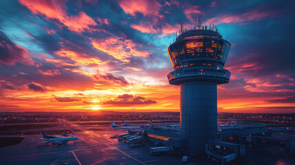 Obraz premium Modern air traffic control, highlighting advanced technology and tools used by controllers in a sleek, updated control tower