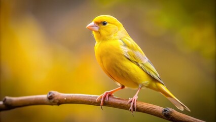 A bright yellow canary sits serenely on a branch, its vibrant plumage a stunning contrast to the softly