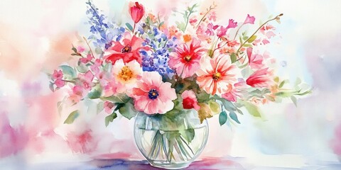 Vibrant Watercolor Floral Arrangement in a Glass Vase