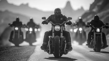 Motorcycle club members on chopper motorcycles, riding in formation, showcasing their unity and the classic style of chopper bikes