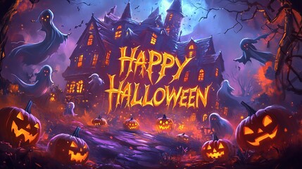 Spooky Halloween Scene with Pumpkins and Ghost
