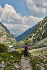 Beautiful views of the mountains and the glacial cirque on the route to the Refuge des Bans, in the &Eacute;crins National Park. Alps. France