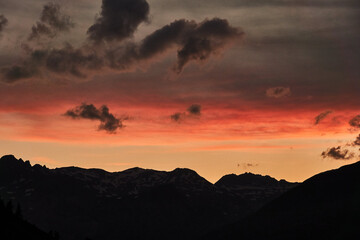 Sunset at the Espace San Bernardo ski resort in the Italian Alps of the Aosta Valley.
