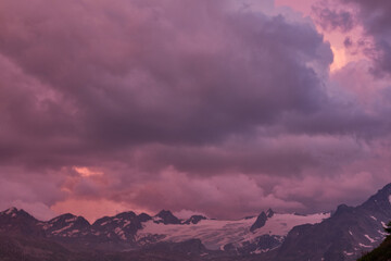 Sunset at the Espace San Bernardo ski resort in the Italian Alps of the Aosta Valley.