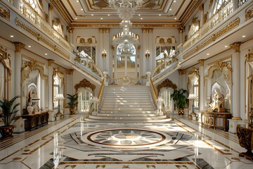 Obraz premium Opulent Grand Entrance of a Luxurious Mansion with Elegant Staircase and Intricate Details