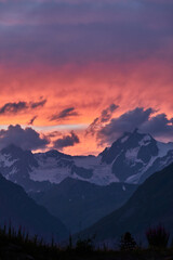 Sunset at the Espace San Bernardo ski resort in the Italian Alps of the Aosta Valley.