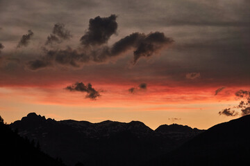 Sunset at the Espace San Bernardo ski resort in the Italian Alps of the Aosta Valley.