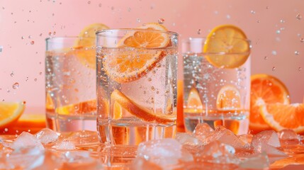 glasses of sparkling water with orange slices and ice cubes on a light pink background, captured in high-resolution photography with detailed textures and professional color grading