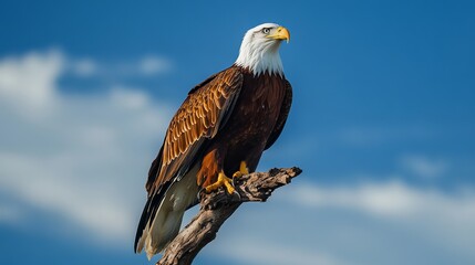 A fish eagle (Haliaeetus vocifer) perched on a dead branch against a blue sky