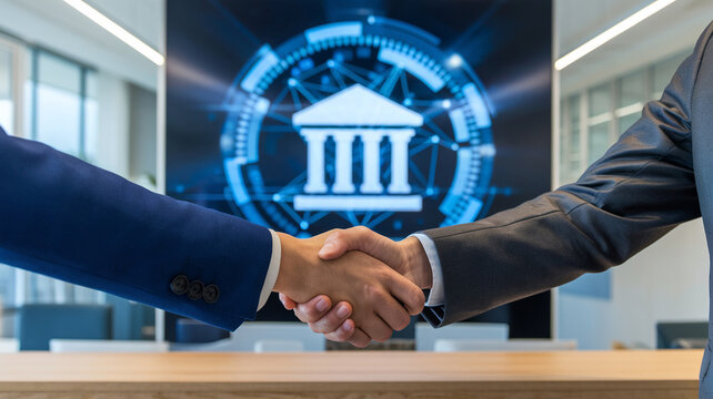 Businessmen shaking hands in front of a digital financial institution background, symbolizing agreement, partnership, and success.