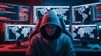 Hacker in dark room surrounded by computer screens displaying global maps and data, symbolizing cyber security and digital threat.