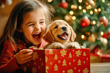 Excited little girl with her Christmas gift from Santa Claus: a golden retriever puppy