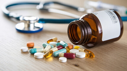 A close-up of various pills spilled from a brown bottle with a stethoscope in the background on a wooden surface.