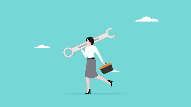 problem solving skill, women's leadership or gender equality in the world of work, businesswoman carrying big keys and toolbox