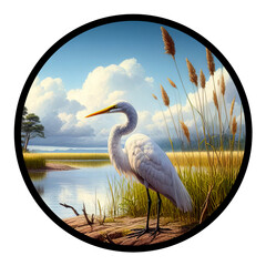 A circular 3D rendered illustration of a Great Egret, isolated on a transparent background