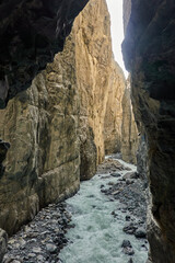 Hiking to the Gletscherschlucht glacier in Grindelwald, with imposing canyons, waterfalls and panoramic views of the valley. Swiss Alps