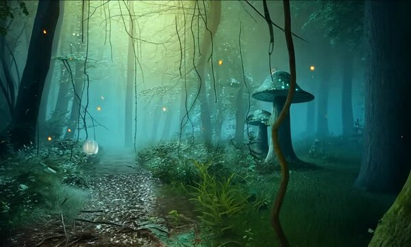 A mystical forest scene with glowing lanterns, towering mushrooms, and a foggy atmosphere. The enchanted setting creates a magical and otherworldly environment, full of mystery. Generative Ai