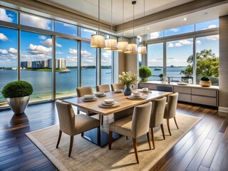 A chic bayside dining room boasts sleek furniture, floor-to-ceiling windows, and breathtaking water vistas for a