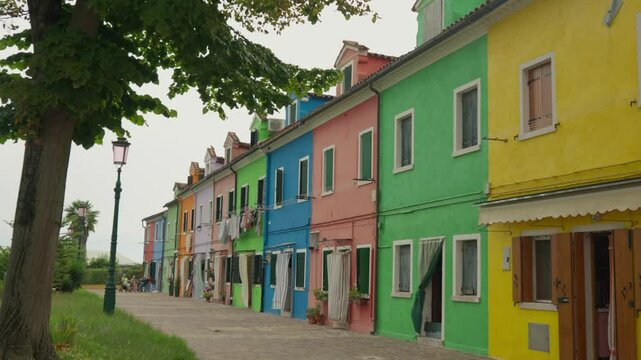 Colorful Houses At Burano In Venice, Metropolitan City of Venice, Italy. Sideways Shot