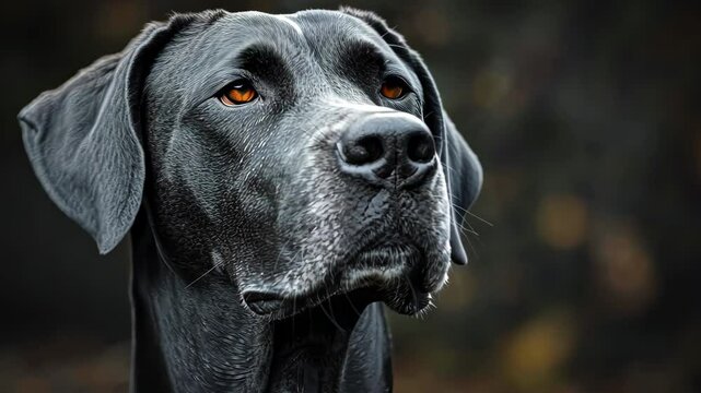 Close up of a black great dane with amber eyes, contemplative expression. Majestic pet portrait concept