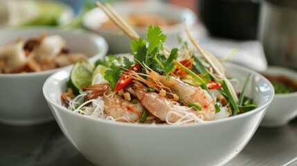 vibrant bowl of Vietnamese rice noodles with shrimp, served on a white bowl with fresh herbs as garnish, set on an outdoor dining table, showcasing the beauty of Vietnamese cuisine