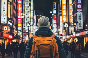 Obraz premium A person with an orange backpack stands in a vibrant city street illuminated by neon signs.