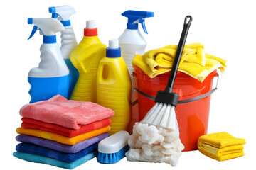 Bucket with cleaning supplies, isolated on white or transparent background, PNG