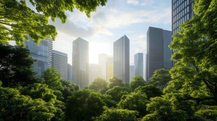 Naklejka premium Cityscape with modern skyscrapers adorned with trees, The harmony of nature and urbanity, Clean air. Emphasizing natural concepts, Green spaces 