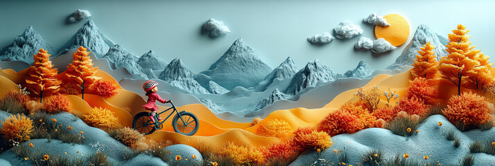 Cycling Adventure Amidst Vibrant Autumn Mountains With Lush Orange Foliage And Dramatic Blue Sky In Creative, Whimsical Art Style