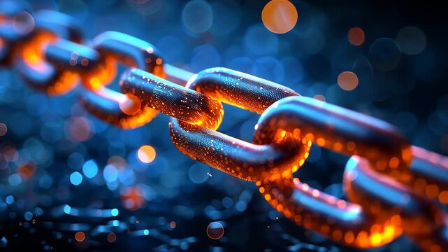 Close-up of a glowing metal chain with bokeh effect, futuristic concept