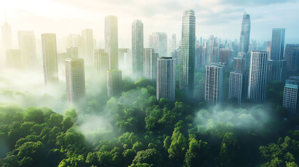 Cityscape with modern skyscrapers adorned with trees, The harmony of nature and urbanity, Clean air. Emphasizing natural concepts, Green spaces	