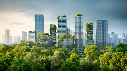 Obraz premium Cityscape with modern skyscrapers adorned with trees, The harmony of nature and urbanity, Clean air. Emphasizing natural concepts, Green spaces 