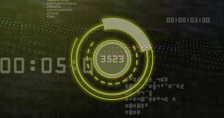 Digital countdown and data processing animation over abstract background with numbers - Powered by Adobe