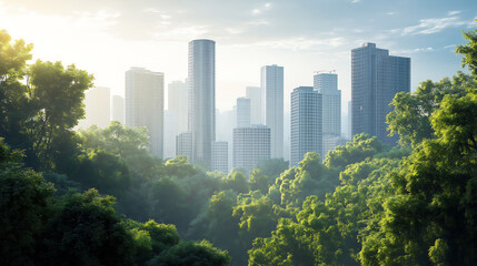 Cityscape with modern skyscrapers adorned with trees, The harmony of nature and urbanity, Clean air. Emphasizing natural concepts, Green spaces	