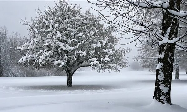 Snow-covered trees in a serene winter landscape, with branches weighed down by heavy snow. The scene is calm and peaceful, evoking the quiet stillness of wintertime. Generative Ai