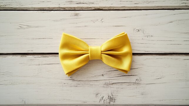 Yellow bow tie on a light wooden background - Powered by Adobe
