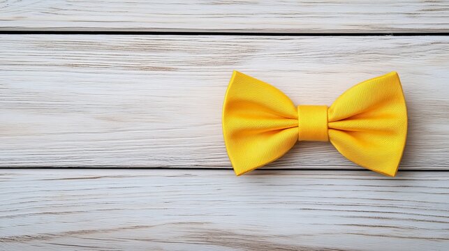 Yellow bow tie on a light wooden background - Powered by Adobe