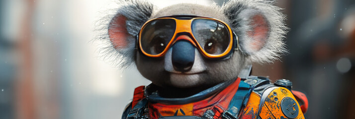 Stylish koala in vibrant clothing with aviator goggles set against a modern background exhibiting an adventurous and bold thematic
