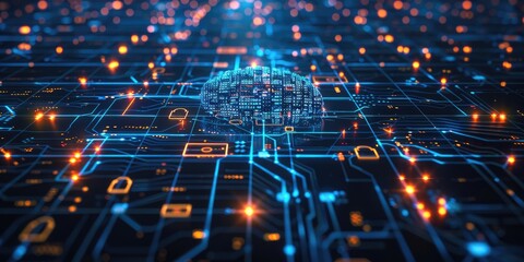 Obraz premium A digital brain made of circuits and binary code, representing artificial intelligence in the center of a blue and black grid network with glowing lines and locks, symbolizing advanced cybersecurity.