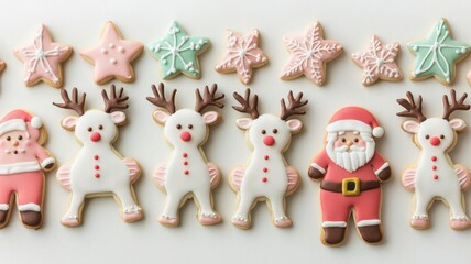 Obraz premium Christmas cookies shaped like reindeer, Santa, and stars, ready to be shared